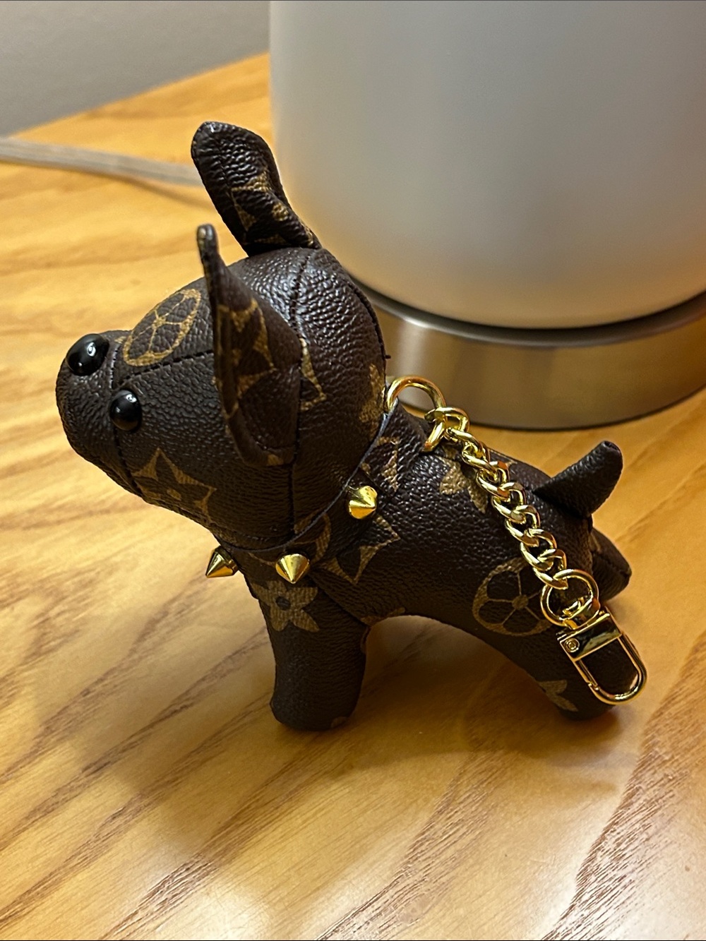 Brown Designer-Style Dog Keychain Accessory with Gold Hardware